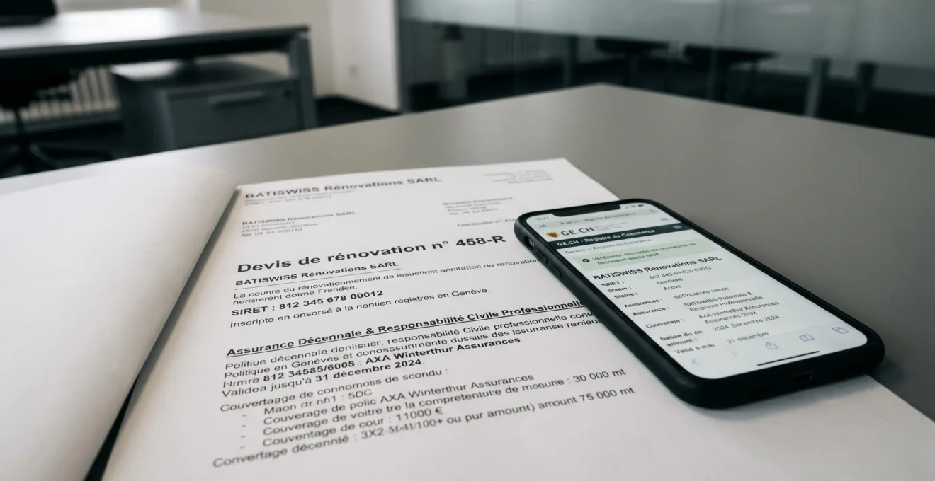 Gros plan sur un devis officiel montrant les mentions SIRET et assurance avec vérification sur smartphone